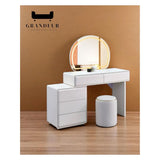 White dressing table with round illuminated mirror and matching stool