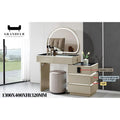 Cream vanity with illuminated arch mirror, drawer lights, keypad lock and round stool