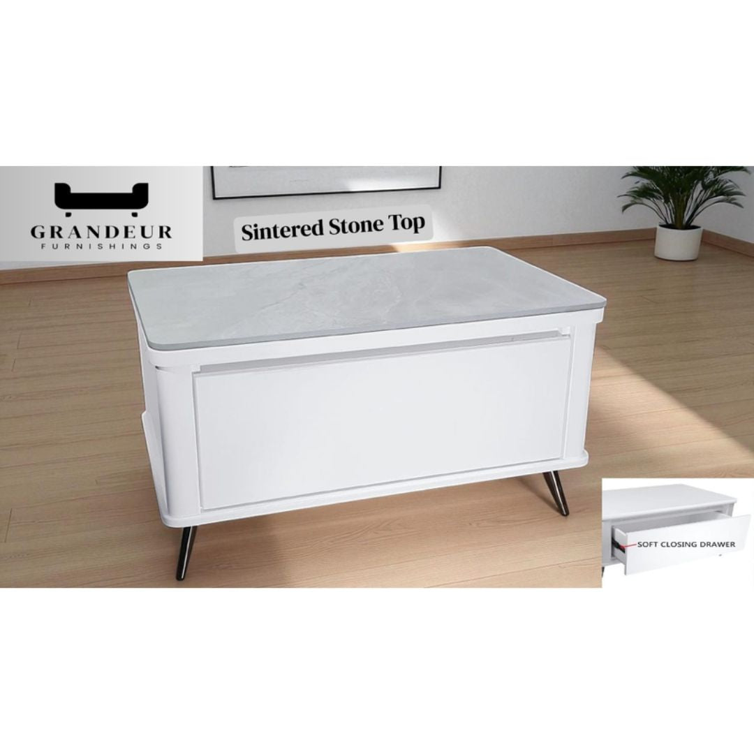 Modern White Coffee Table with Soft-Closing Drawer