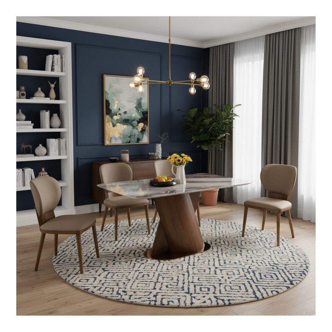 Elegant Marble Dining Table Set with Ash Wood Base & Leather Chairs 1+4