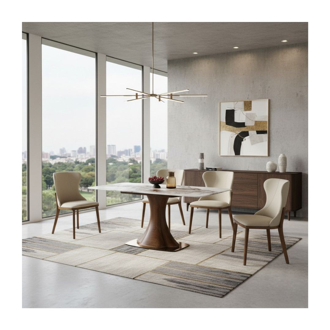Luxurious Marble Dining Table Set with Ash Wood Base & Elegant Pet Friendly Leather Chairs 1+4