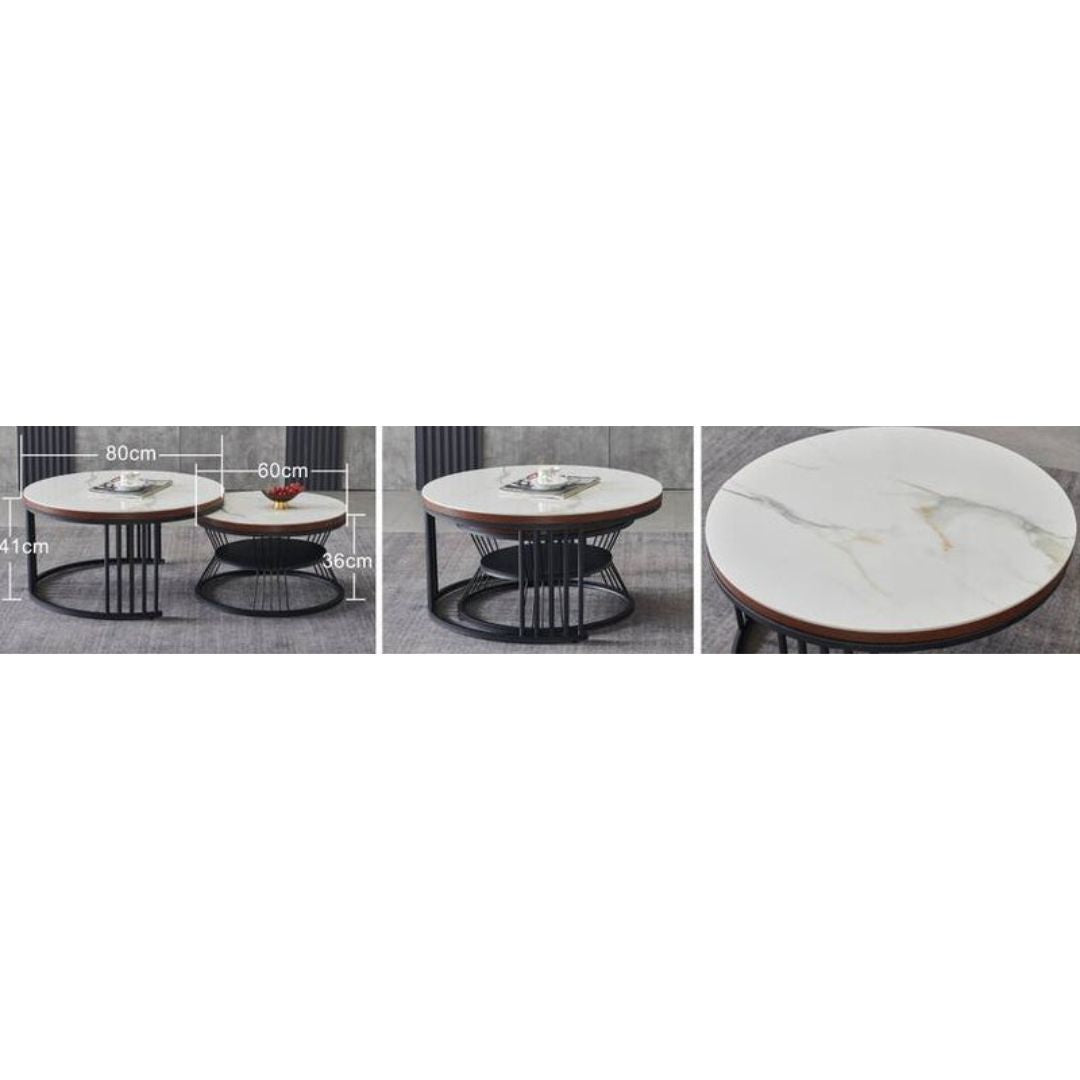 Nested Round Coffee Table with Sintered Stone Top and Black Metal Base