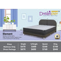 Dreamster Element mattress on a brown upholstered bed, with dimensions, features and a size-price table
