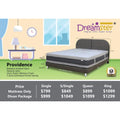 Dreamster Providence mattress on a brown upholstered bed, with dimensions, features and a size-price table