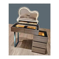 Wood-look dressing table with cloud-shaped mirror glowing warm white