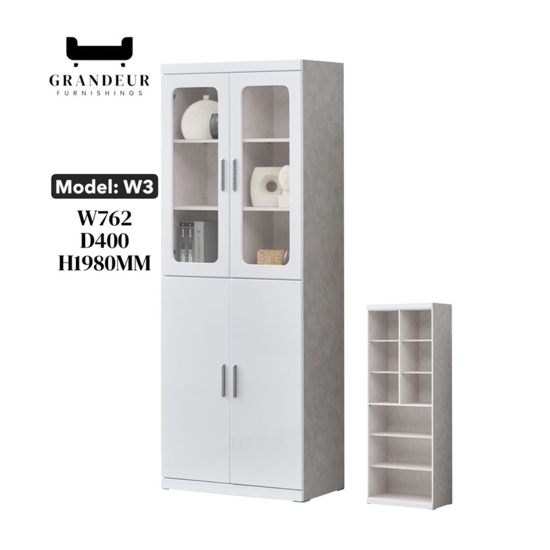 Multi-Storage Book Cabinet with Glass Doors & Drawers – White Finish