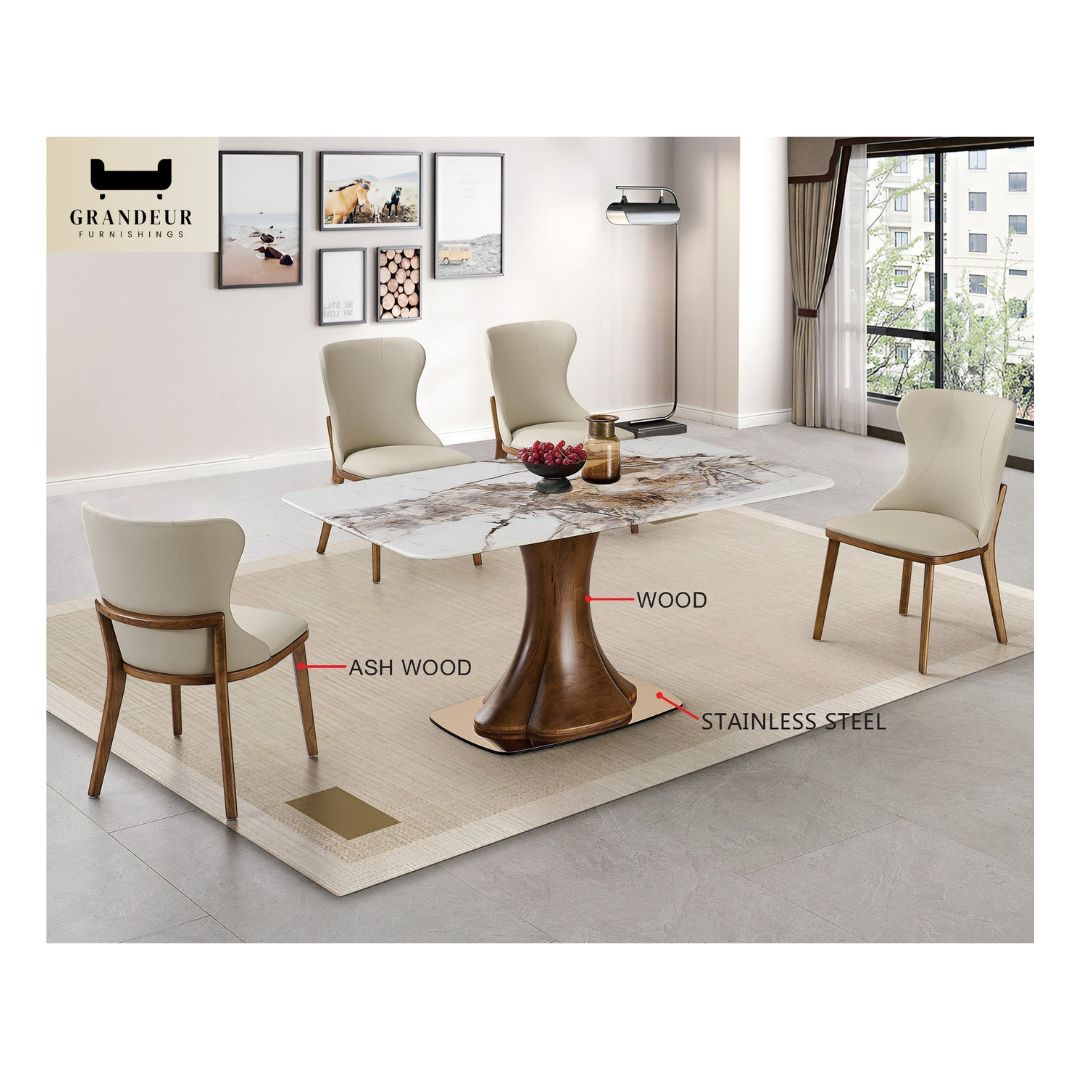 Luxurious Marble Dining Table Set with Ash Wood Base & Elegant Pet Friendly Leather Chairs 1+4