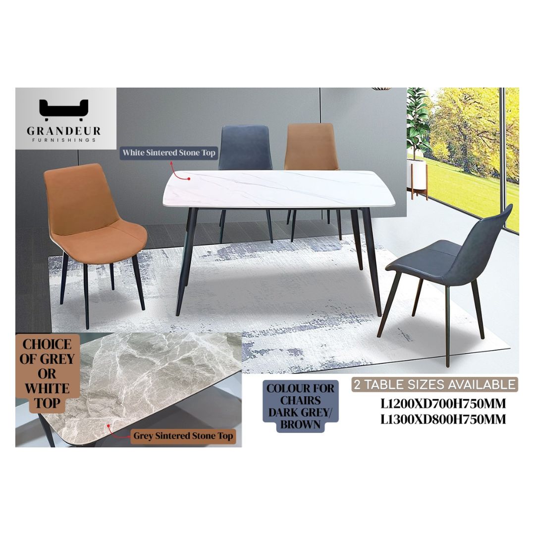 Elegant 1+4 Dining Table Set with Sintered Stone Top – Choice of White or Grey Stone Top with 4 Chairs