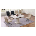 Pale pedestal dining table and swivel chairs with material label