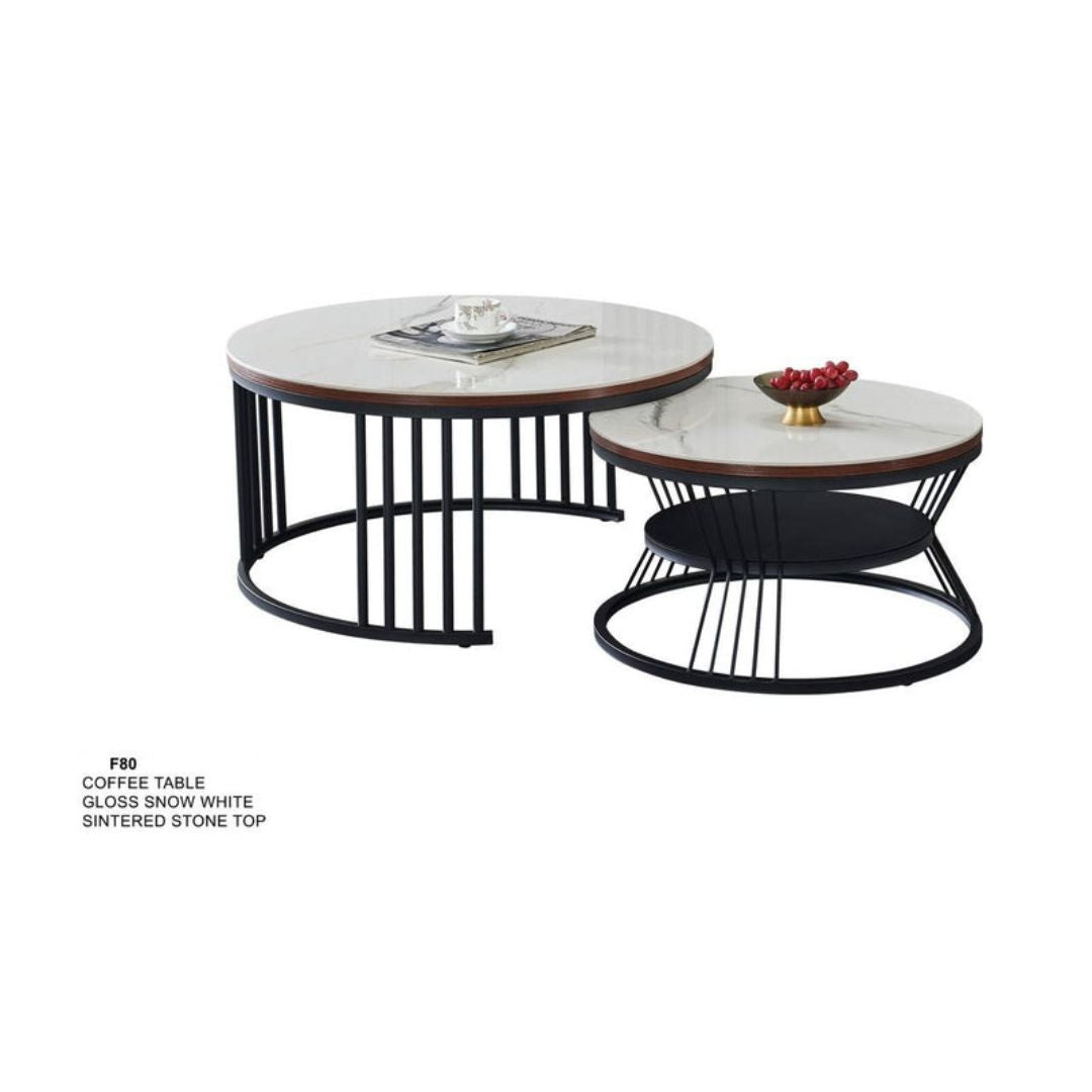 Nested Round Coffee Table with Sintered Stone Top and Black Metal Base