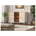 Elegant Gloss Light Khaki Side Cabinet with Gold Chrome Plated Accents & Tempered Glass Grandeur Furnishings