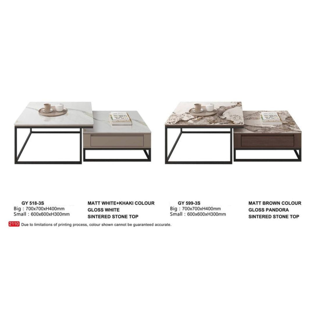 Square Coffee Table Set with Storage Drawers & Gloss Sintered Stone Top