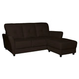 Dark brown faux leather sofa and ottoman, angled front view