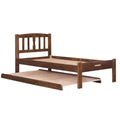 Dark brown wooden bed frame with vertical slatted headboard and trundle