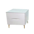 White bedside table with pale stone-patterned top and curved drawer handles
