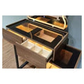 Dressing table glass top and open storage drawers, overhead view