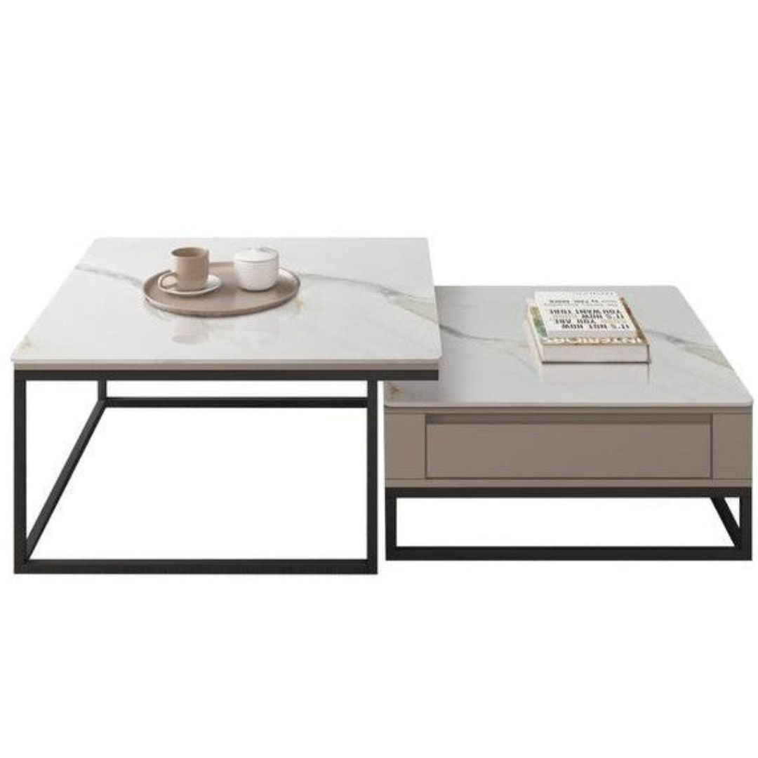 Square Coffee Table Set with Storage Drawers & Gloss Sintered Stone Top