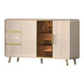 Elegant Gloss Light Khaki Side Cabinet with Gold Chrome Plated Accents & Tempered Glass Grandeur Furnishings