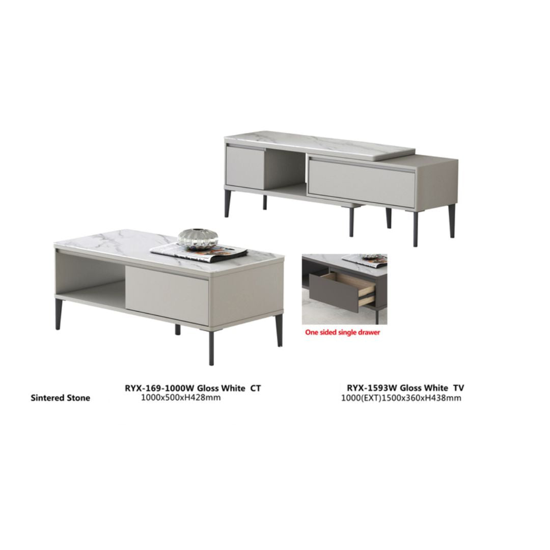 TV Console & Coffee Table Set – Gloss White or Gloss Grey Finish with Sintered Stone Top