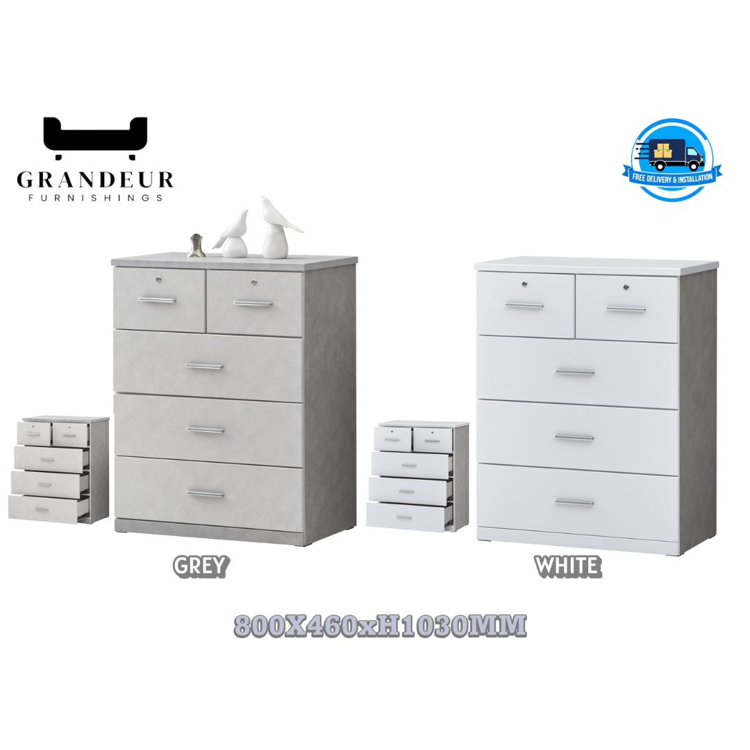 Modern 5-Drawer Storage Chest of Drawers in Grey or White