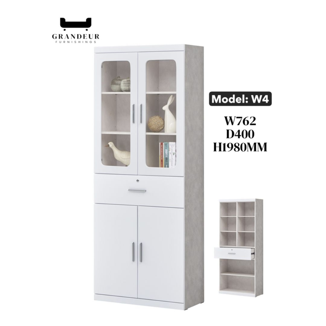 Multi-Storage Book Cabinet with Glass Doors & Drawers – White Finish