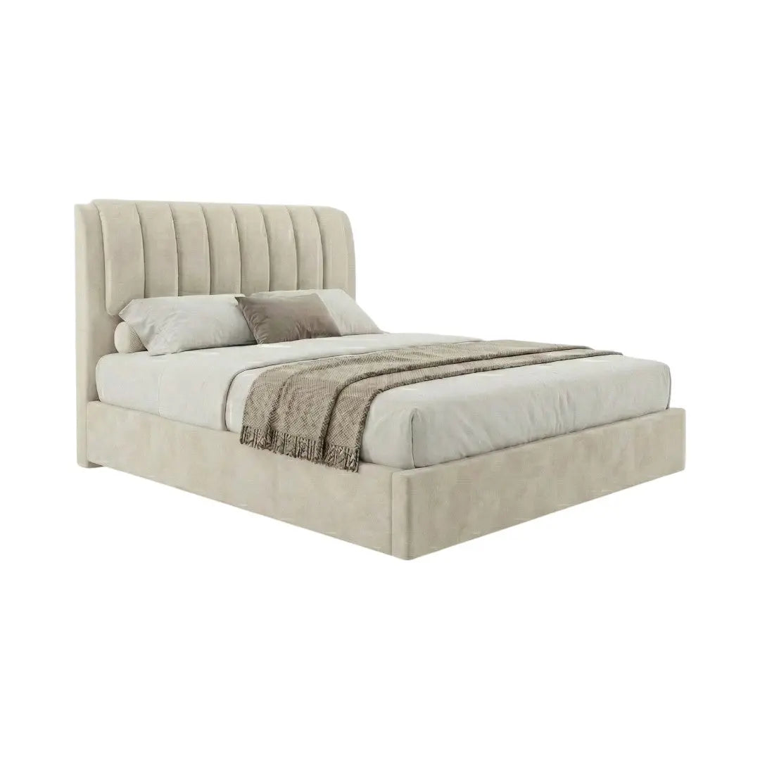 Cream Noelle upholstered bed with curved vertical-fluted headboard