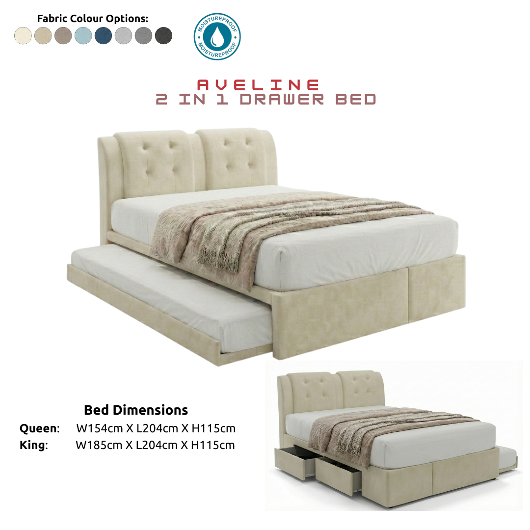 Aveline 2-in-1 Bed Frame (Queen/King) with Pull Out Trundle + 2 Drawers