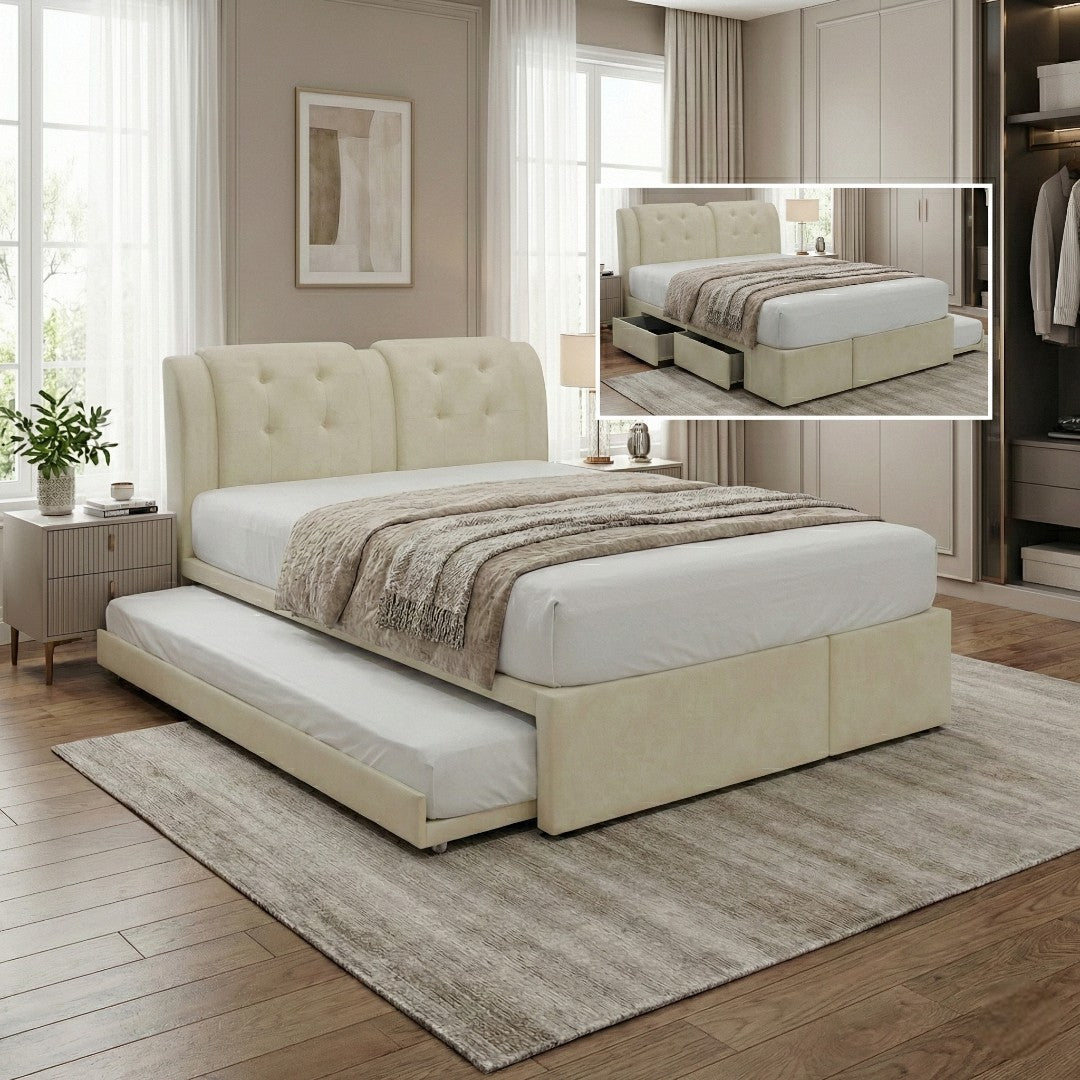 Aveline 2-in-1 Bed Frame (Queen/King) with Pull Out Trundle + 2 Drawers