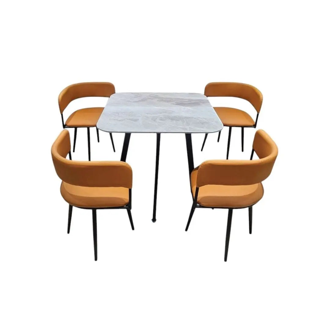 Square stone-patterned dining table with four brown chairs