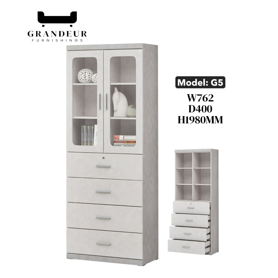 Elegant Light Grey Bookcase Display Cabinet with Glass Doors, Drawers & Shelves
