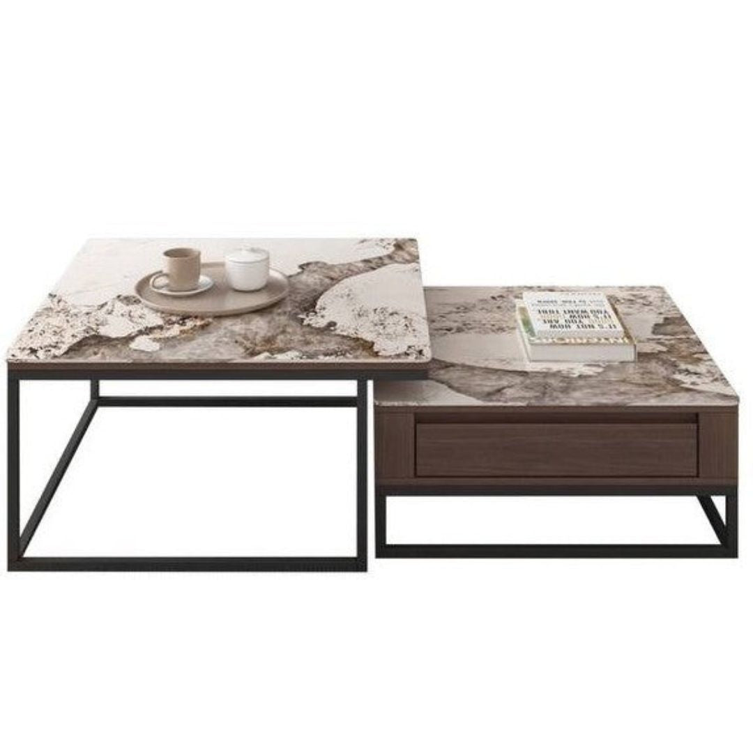 Square Coffee Table Set with Storage Drawers & Gloss Sintered Stone Top