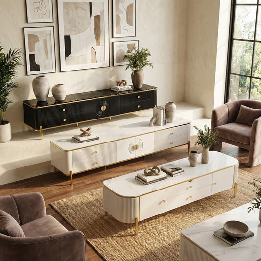 Luxury Fluted TV Console - White Sintered Stone or Black Tempered Glass Top - Modern Living Room Cabinet