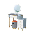 Grey and white dressing table with round mirror and right drawers
