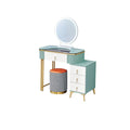 Green and white dressing table with round mirror and right drawers
