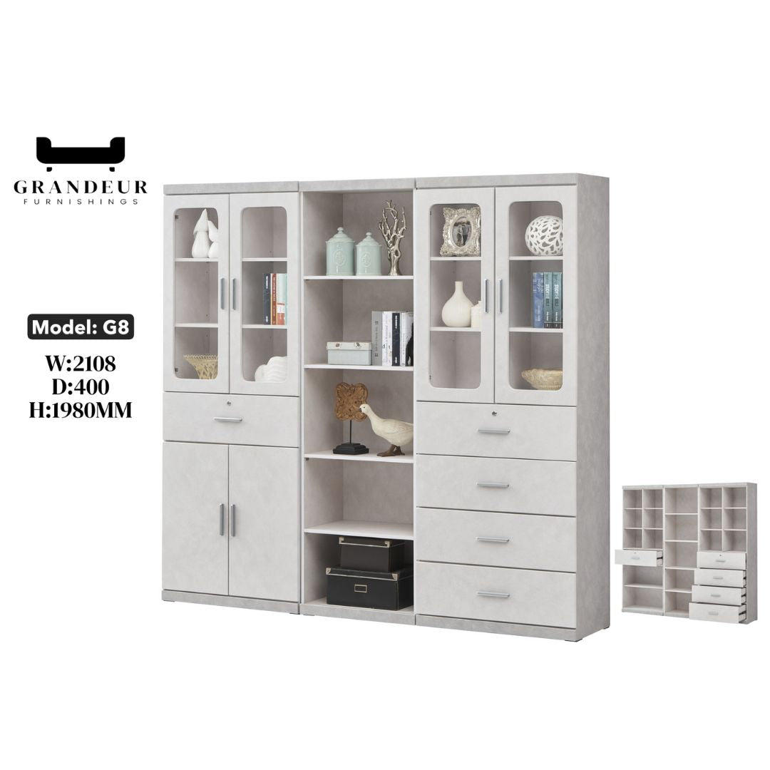 Elegant Light Grey Bookcase Display Cabinet with Glass Doors, Drawers & Shelves