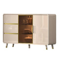 Elegant Gloss Light Khaki Side Cabinet with Gold Chrome Plated Accents & Tempered Glass Grandeur Furnishings