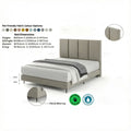 Beige upholstered bed with feature callouts and dimensions