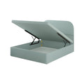 Mint upholstered storage bed with platform raised, showing storage space