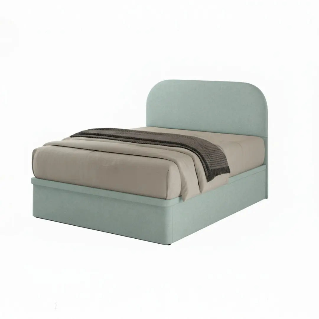 Mint upholstered storage bed with rounded headboard
