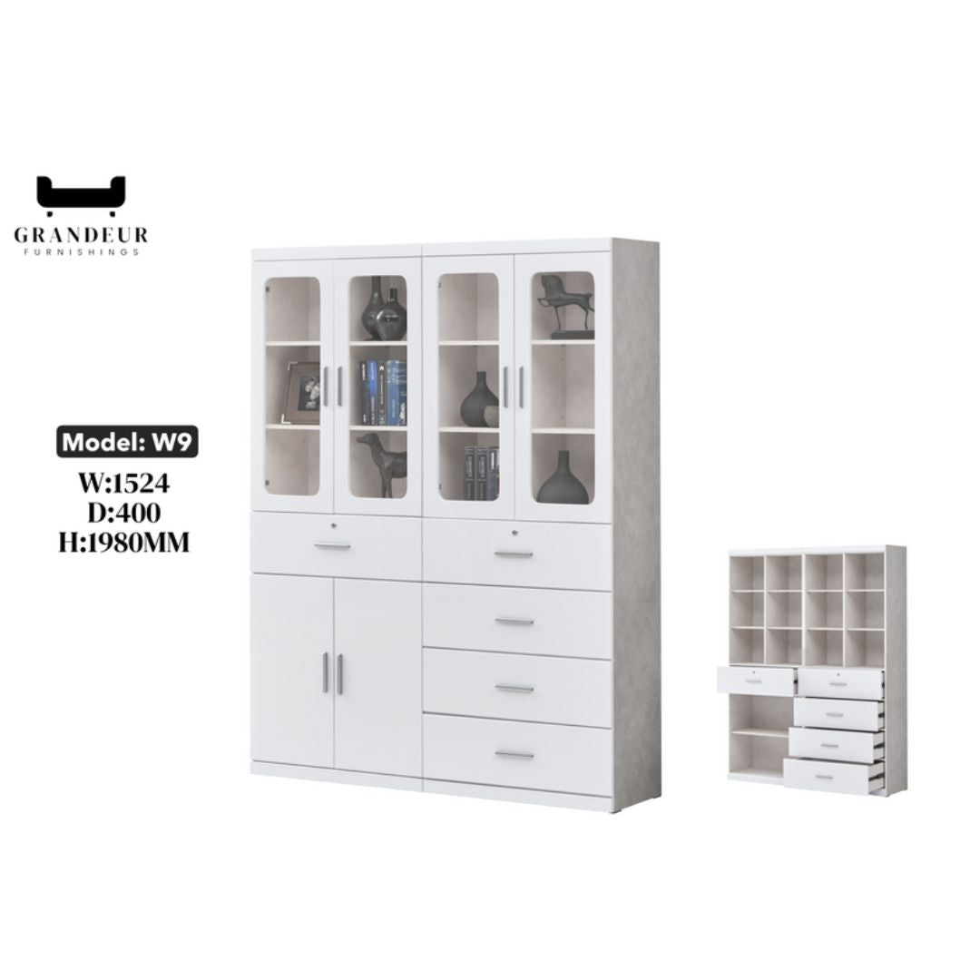 Multi-Storage Book Cabinet with Glass Doors & Drawers – White Finish