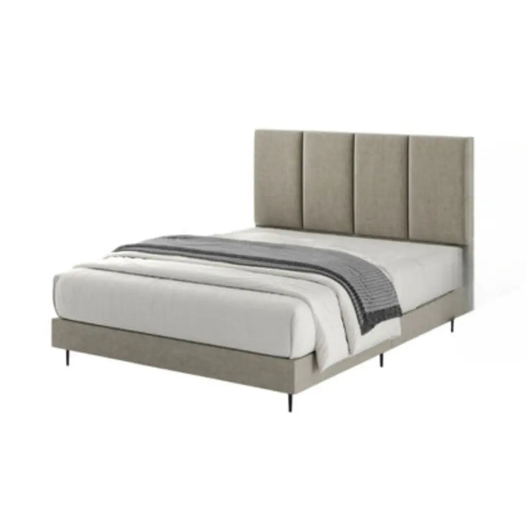 Beige upholstered bed with vertically panelled headboard and metal legs