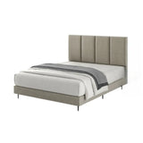 Beige upholstered bed with vertically panelled headboard and metal legs
