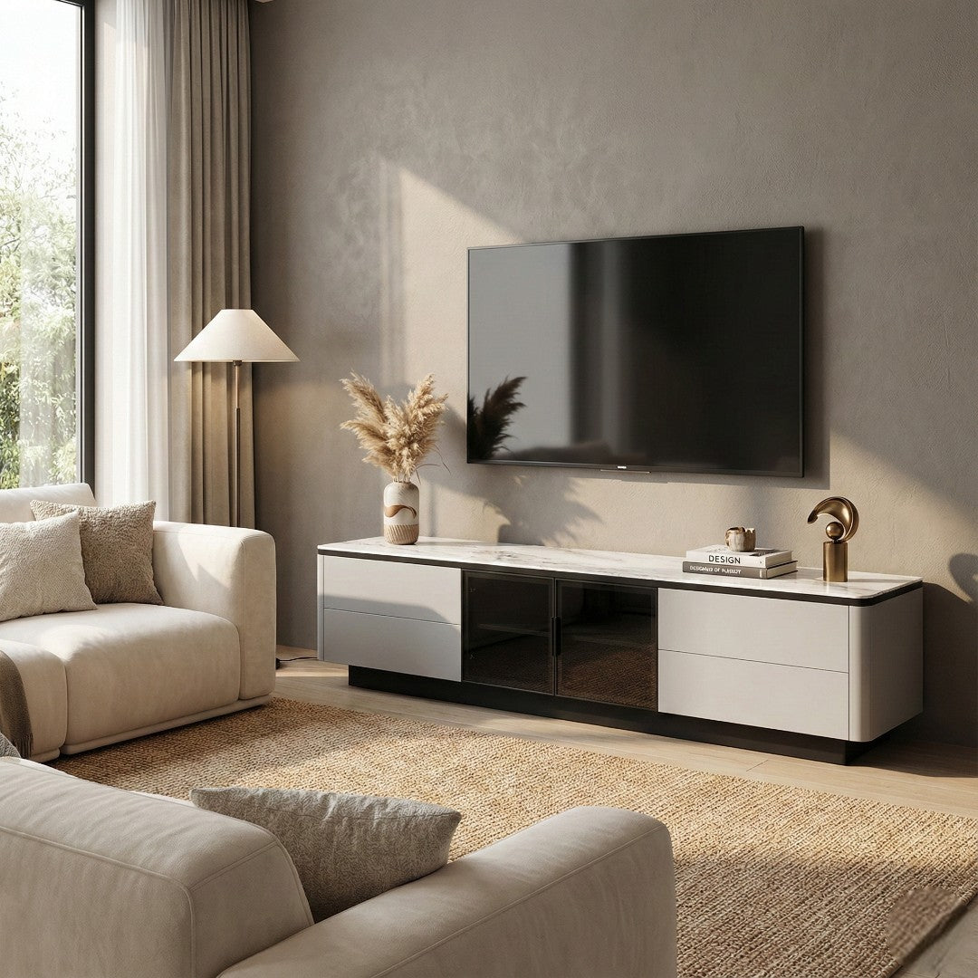 Astrid Luxury TV Console - Sintered Stone Top with Glass Doors | Remote-Friendly Media Cabinet