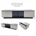Astrid TV console with central glass doors, drawer inset and dimensions