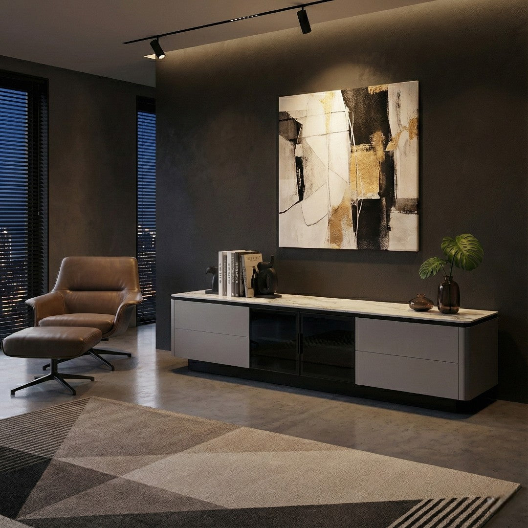 Astrid Luxury TV Console - Sintered Stone Top with Glass Doors | Remote-Friendly Media Cabinet