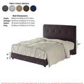 Dark button-tufted bed with colour options and dimensions