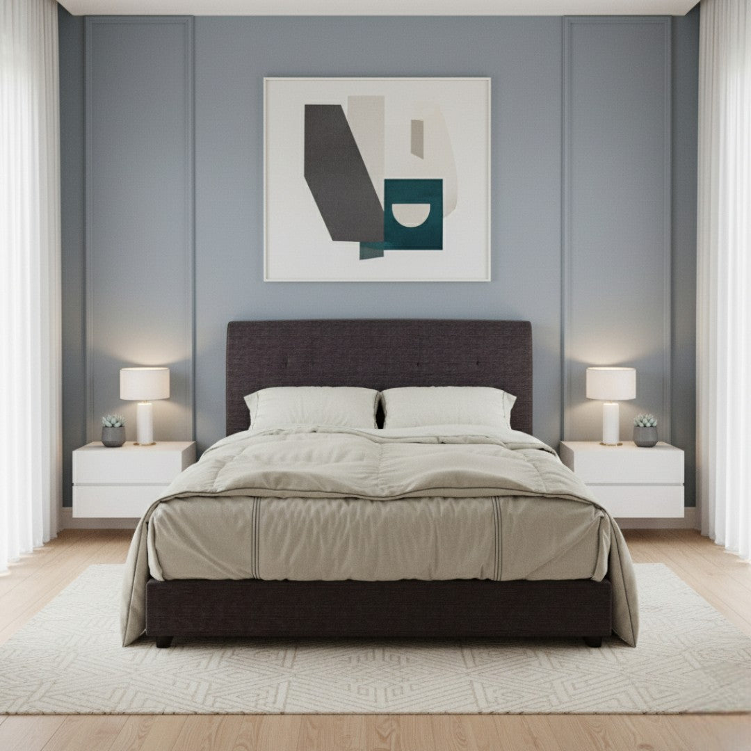 Minimalist upholstered bed with padded button-tufted headboard