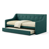Teal Lunero daybed with tufted backrest and pull-out trundle
