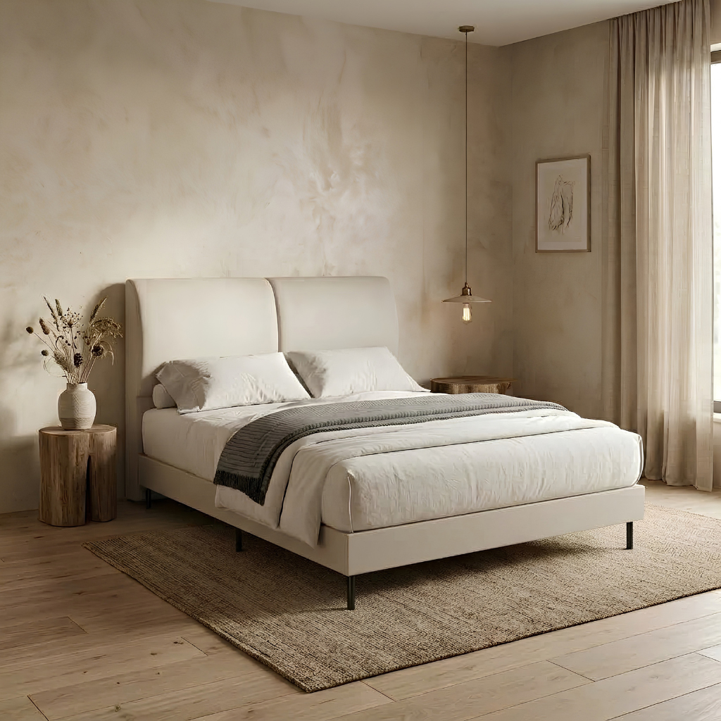 Modern Cushion Headboard Bed Frame | High Metal Legs Grandeur Furnishings