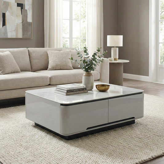 Vallin Stone Top Coffee Table - Minimalist Center Table with 2 Drawers | Rounded Safety Edges & Elevated Plinth Base